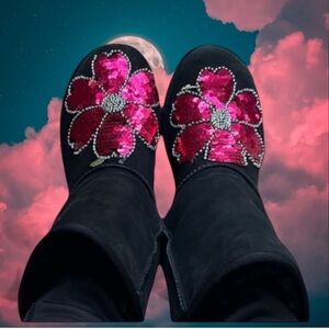 UGG Black Sequins Boots with Custom Red Floral Design Sequins 99$ Price Firm